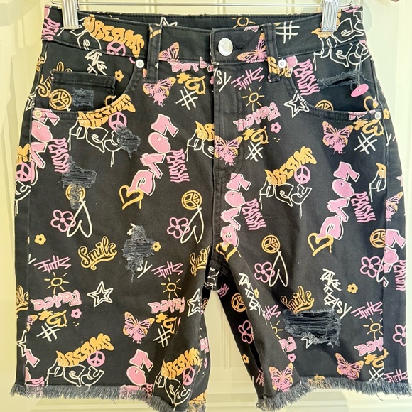 NOBO Distressed Graphic Jean Shorts - Black Pink Yellow Women’s Size 5 - Picture 1 of 11